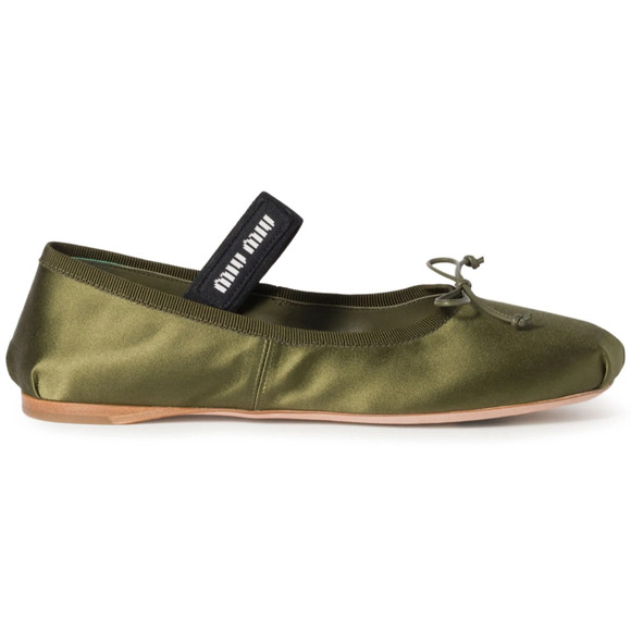 Miu Miu Satin Oliva Green Black White Logo Strap Ballet Ballerina Flats 39.5 - Picture 1 of 16